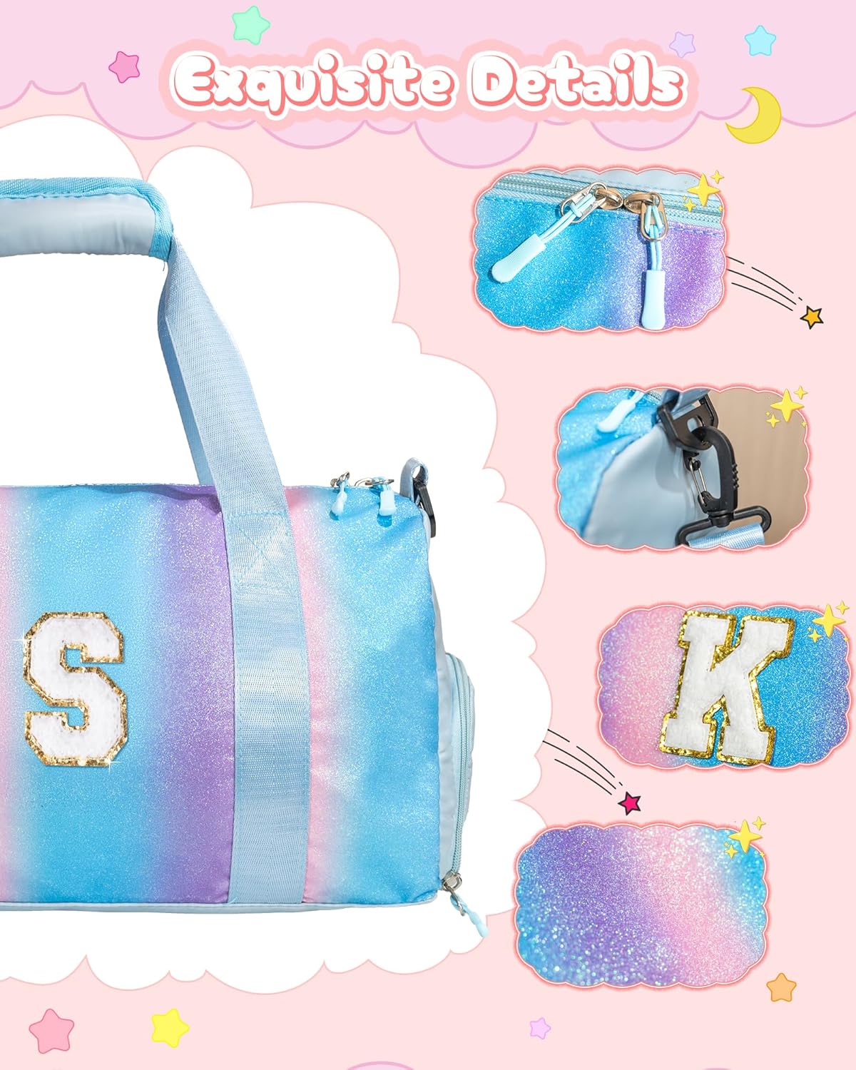 Kindergarten Gift Ideas-Girl Gym Bag with Shoe Compartment, Kid Personalized Weekender Overnight Bags, Initial Travel Tote with Makeup Pouch, Niece Girls Birthday Gift (Letter L)