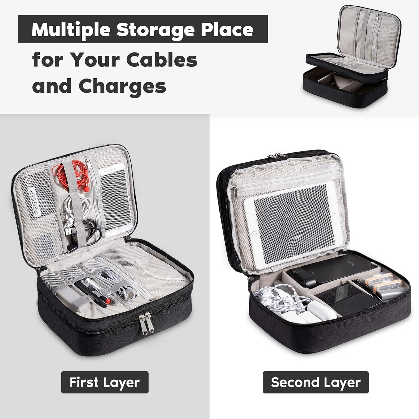 Electronics Organizer, OrgaWise Electronic Accessories Bag Travel Cable Organizer Three-Layer for iPad Mini, Kindle, Hard Drives, Cables, Chargers