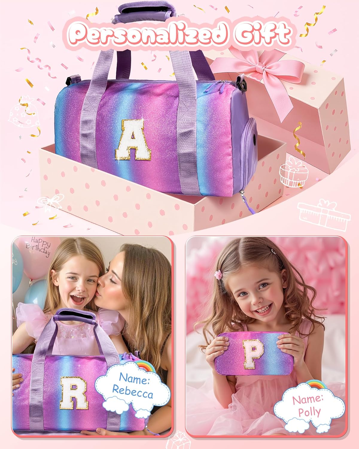 Cool Stuff for Teen-Girl Gym Bag with Shoe Compartment, Kid Personalized Weekender Ballet Bags, Initial Travel Tote with Makeup Pouch, Gift for 7 8 9 10 11 12 Year Old Girls (Letter S)