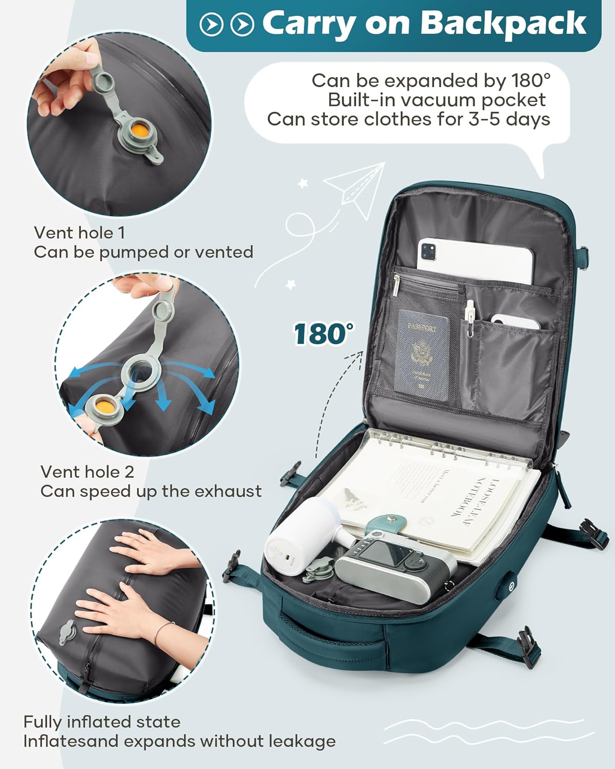 Vacuum Backpack Travel Laptop Backpacks For Women Men Carry On Backpack With Vacuum Compression Bags Seal Packing Personal Item Travel Bag Vacpack Backpacks Without Pump Peacock Blue