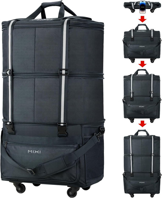 mixi Travel Bag with Wheels Expandable Foldable Luggage Bag Collapsible Rolling Travel Bag Duffel Bag Large Capacity Suitcase for Men Women, Dark Gray