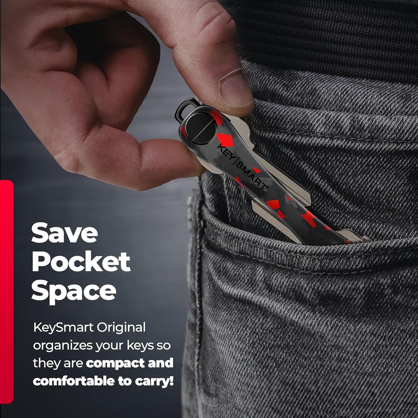 KEYSMART Key Holder for Keychain - Compact Key Organizer for Key Chain, Minimalist Clutter-Free EDC Keychains, Key Ring for Car Fobs Key Chains, Expandable (Up to 14 Keys, Red Forged Carbon Fiber)