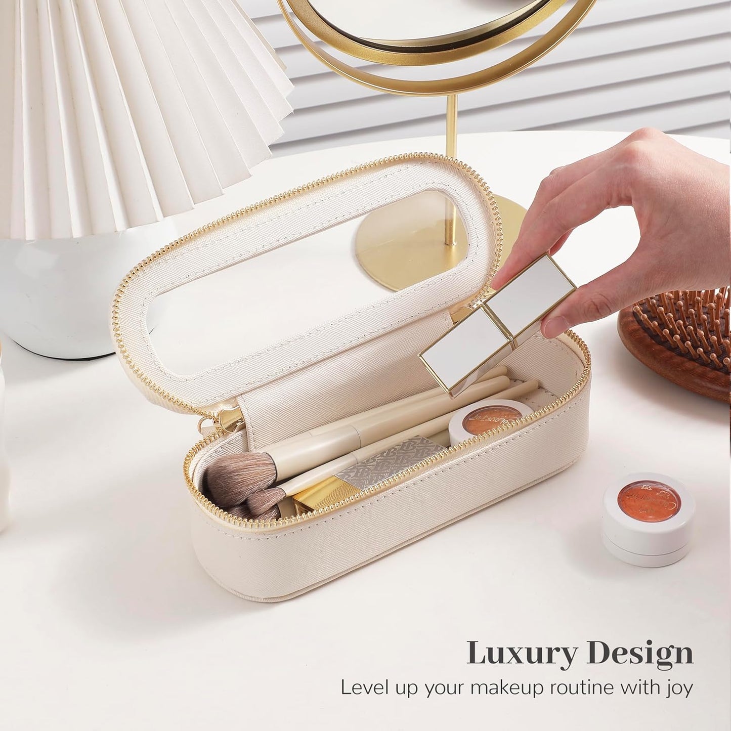 Aveniee Slim Clear Makeup Brush Bag, Small Cosmetic Brush Holder, Mini Toiletry Bag Travel Case for Women, Thin Make up Bags with Dual Zipper, Cute Travel Essentials Bag Organize - White