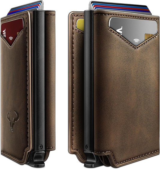 BULLIANT Men Wallet Leather Wallet Card Holders Money Clip for Men 10Cards-Magnetic Flip on Metal Case