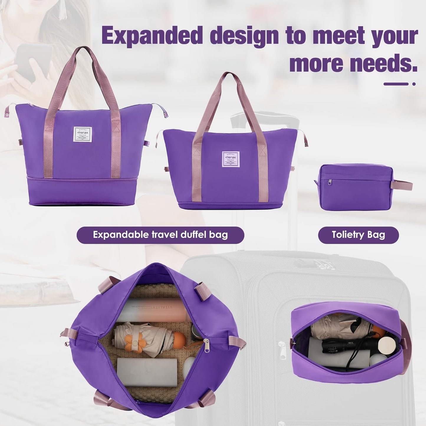 Merax Softside Luggage Set Softshell Lightweight 3 Piece Spinner Suitcase with Duffel Bag Expandable Upright Travel Luggage 22" 26" 30",Purple