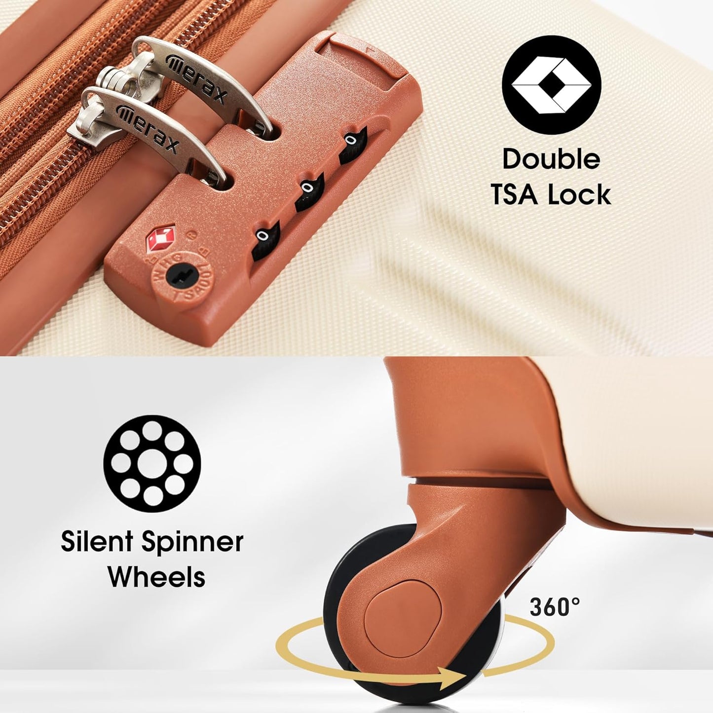 Merax Luggage Sets Carry on Suitcase Airline Approved,Hard Case Expandable Spinner Wheels, White and Brown, 3-Piece Set (20+28IN+Bag)