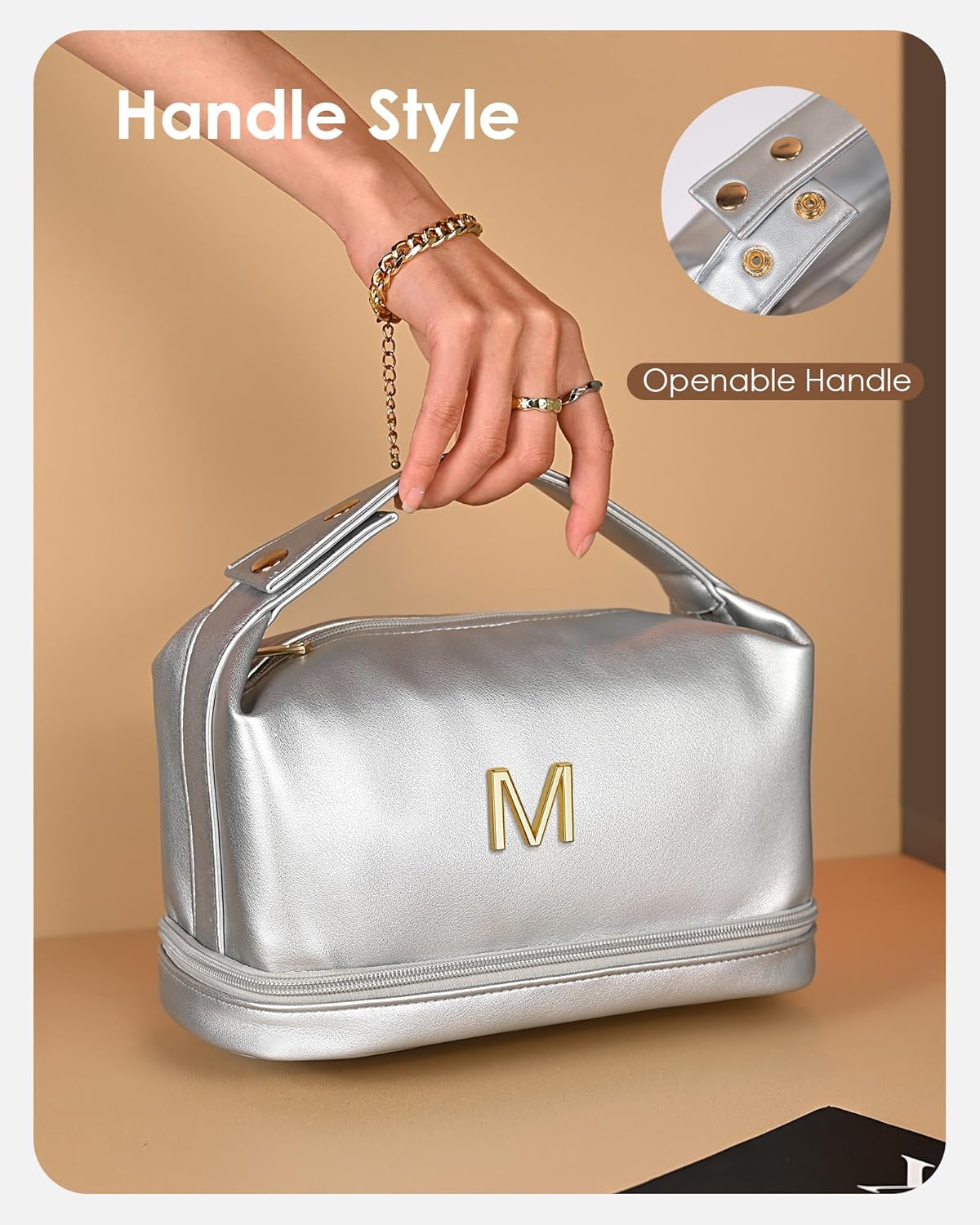 Trendy Gifts for Women, Personalized Makeup Bag with Handle, Initial Double Layer Cosmetic Bag with Makeup Brush Organizer, Cute Cosmetic Pouch for Women, Gifts for 20 Year Old Female