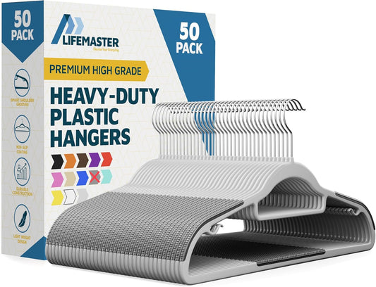 Lifemaster Plastic Clothes Hanger Set - 50 Pieces Versatile, Lightweight, Space-Saving, Non-Slip, Slim Designed, Dry and Wet Clothes Hanger Set with 360° Swivel Hook and Rubber Coating - Gray