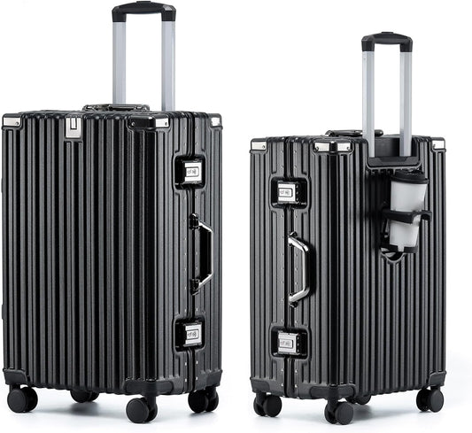 HotWay 24 Inch Aluminum Frame Luggage with Spinner Wheels, PC Hard Shell Suitcase with Cup Holder, Zipperless Luggage for Business Travel, Black