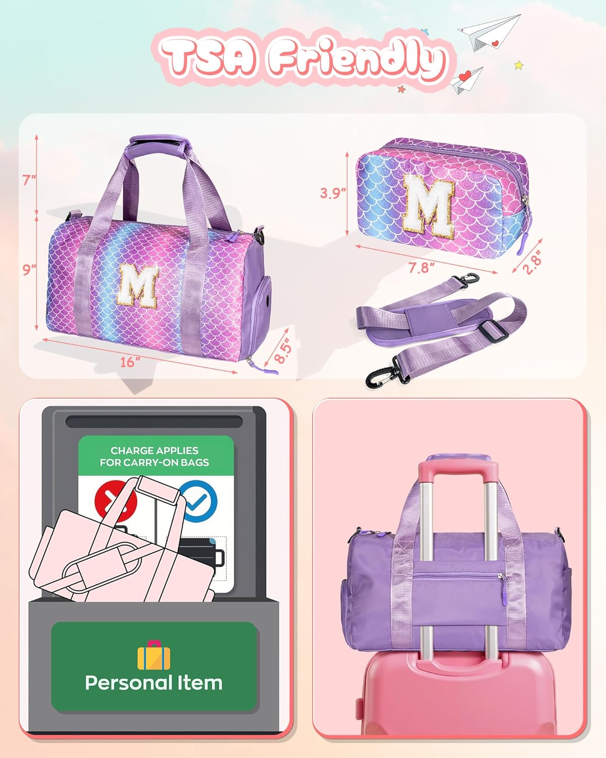 Easter Gifts for Teens Girls-Girl Gym Bag with Shoe Compartment, Kid Personalized Weekender Overnight Bags, Initial Travel Tote with Makeup Pouch, Gift for 3 4 5 6 7 Year Old Kids (Letter T)
