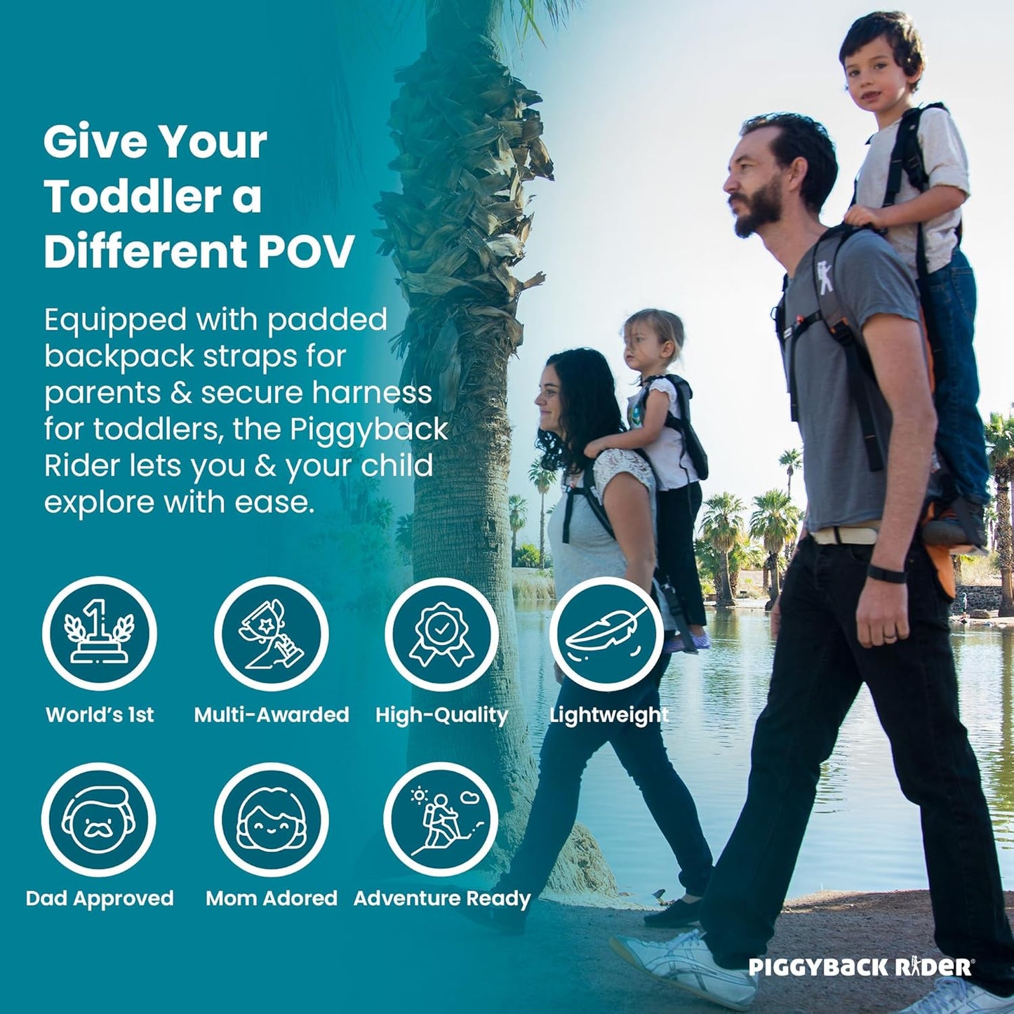 Piggyback SCOUT Toddler Carrier Backpack Deluxe - 6 Piece Set: Hip Belt, Carry Bag, Side Pocket, Mud Flap, Water Bottle & Selfie Stick Holders - For Ages 2-4 (Under 50 lbs) - Hiking & Travel