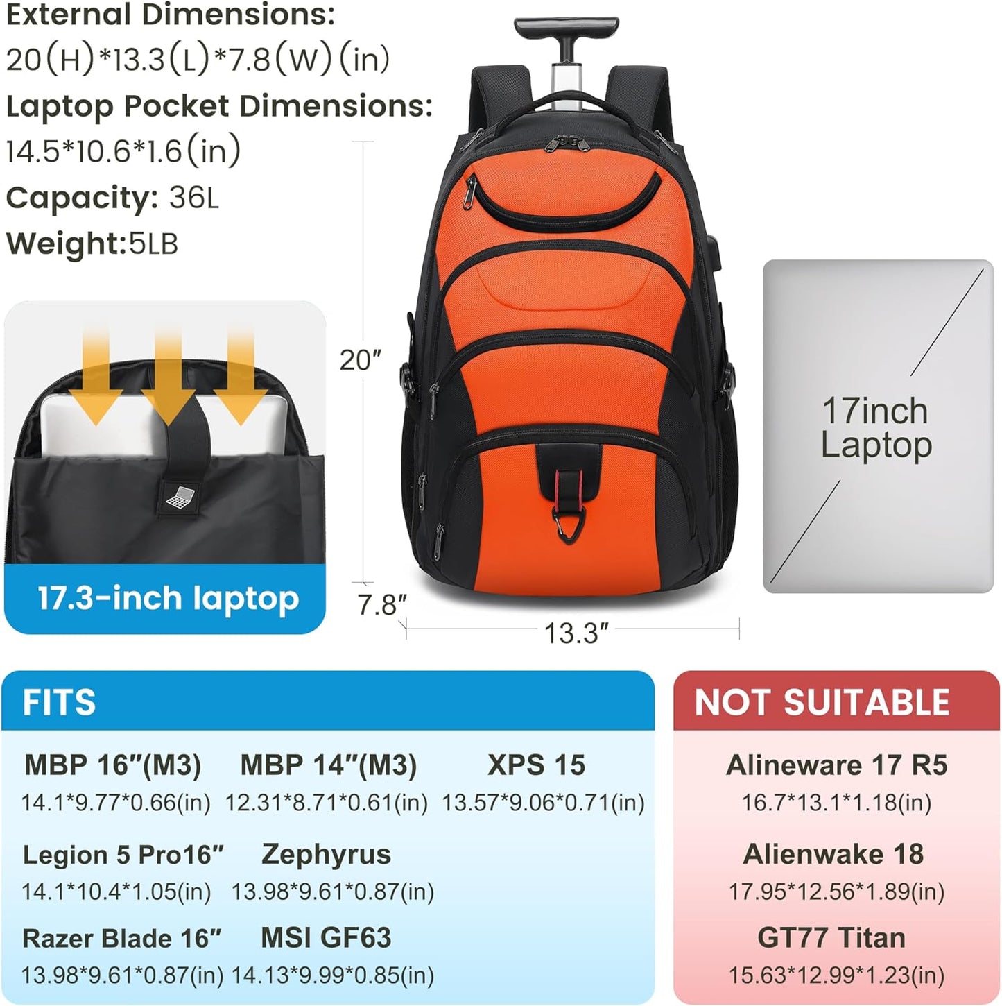 Boavan Rolling Backpack,17 inch Water Resistant Wheeled Backpack,Carry on Luggage Business Bag, Overnight College Computer bag Trolley Suitcase for Men Women Adults to Travel，Black&Orange