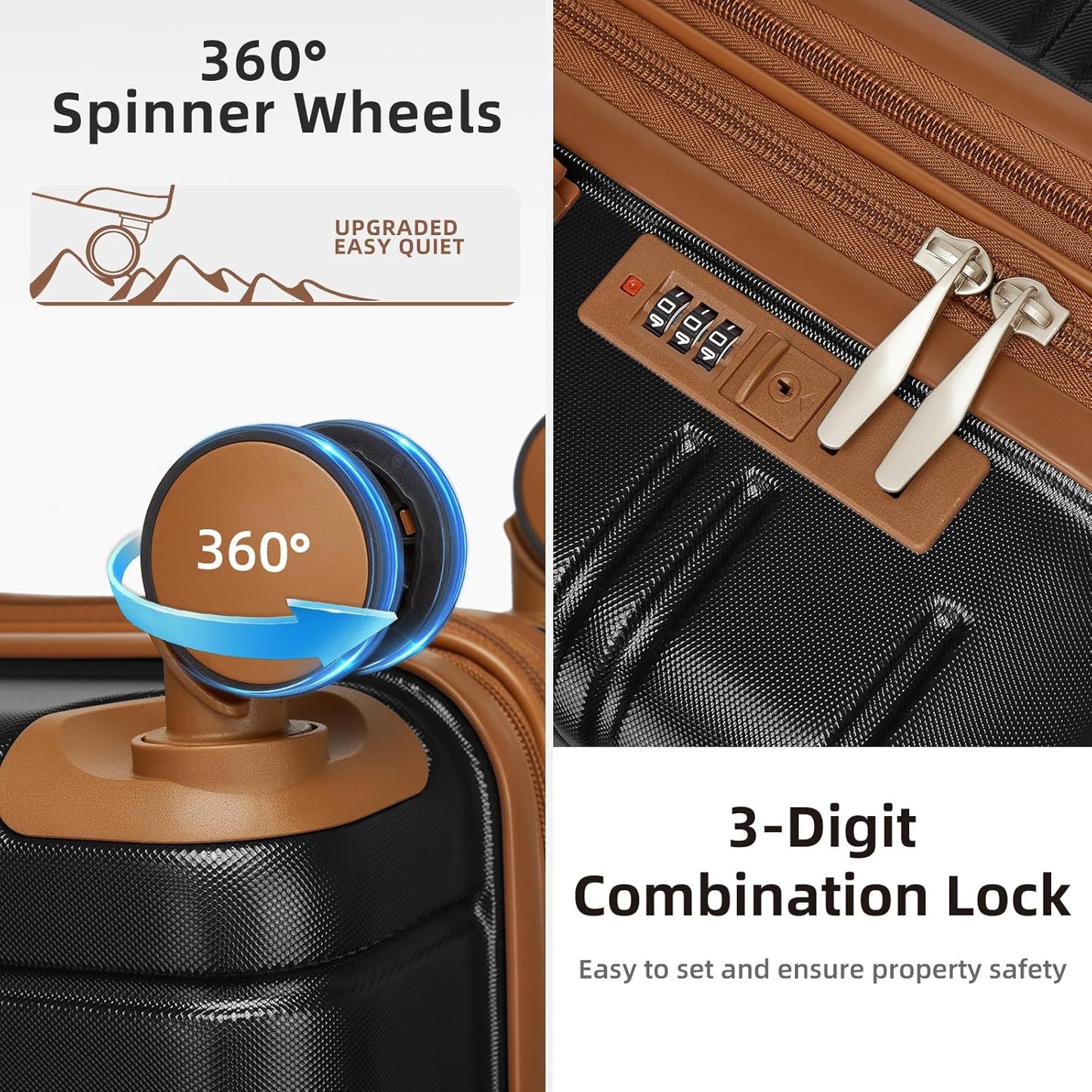 LARVENDER Luggage Sets 5 Piece Hardside Expandable Suitcase with Wheels Lock,Hardside Lightweight Rolling Suitcase for Women and Men,Black