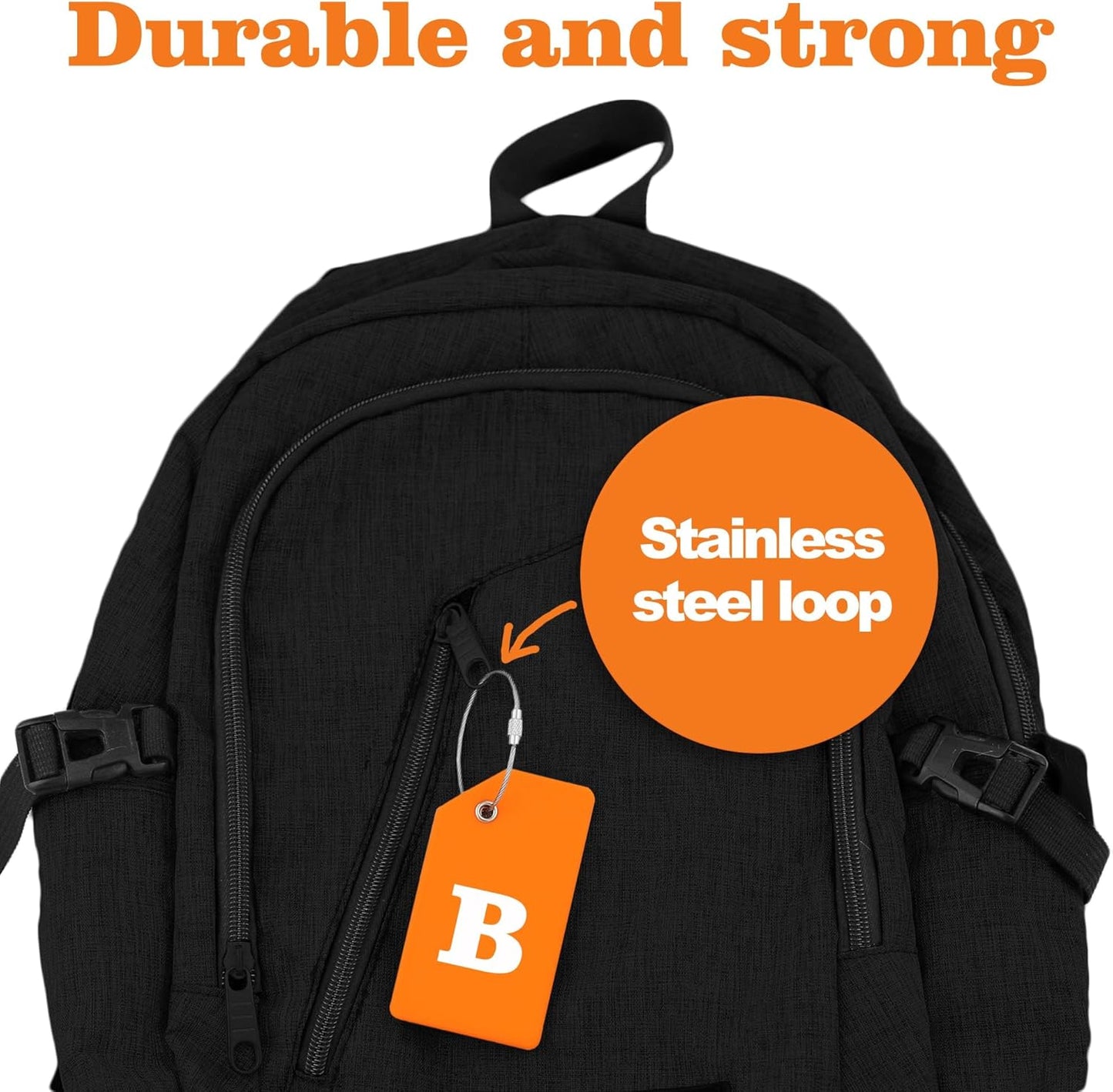 8 Pcs Luggage Tags for Suitcases, 26 Initial Letter Travel Luggage Baggage Identification Labels ID Tags Fully Bendable Tags with Stainless Steel Loop (Letter B, Orange)