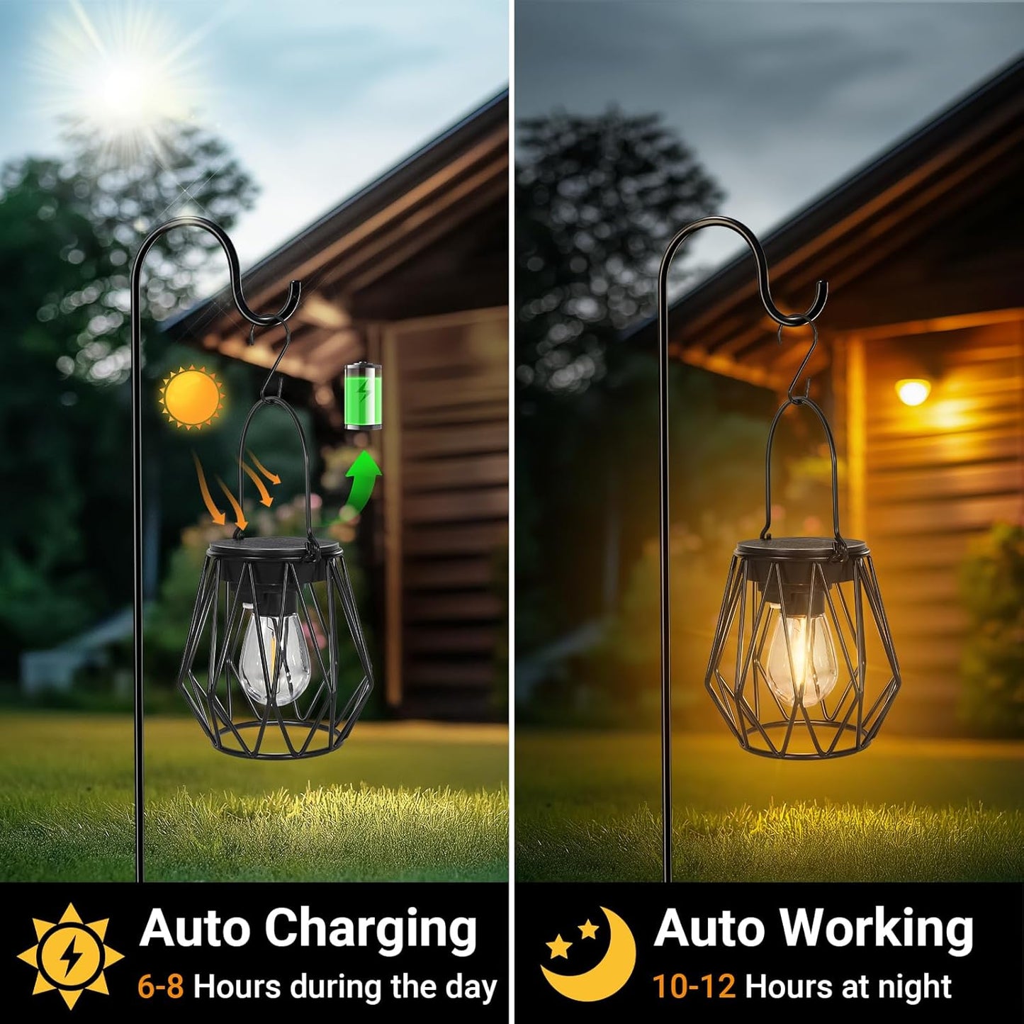 Solar Lanterns Outdoor Waterproof, Upgraded Powered Hanging Solar Lights for Outside, Auto On/Off, Brighter Hanging Outdoor Decor Lights for Yard Garden Patio Pathway 2 Pack