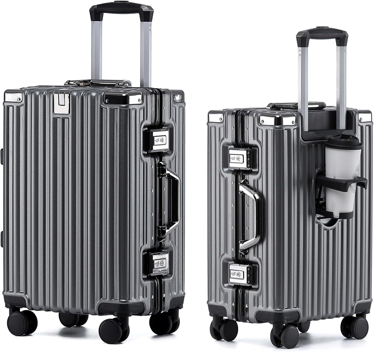 HotWay 26 Inch Aluminum Frame Luggage with Spinner Wheels, PC Hard Shell Suitcase with Cup Holder, Zipperless Luggage for Business Travel, Gray