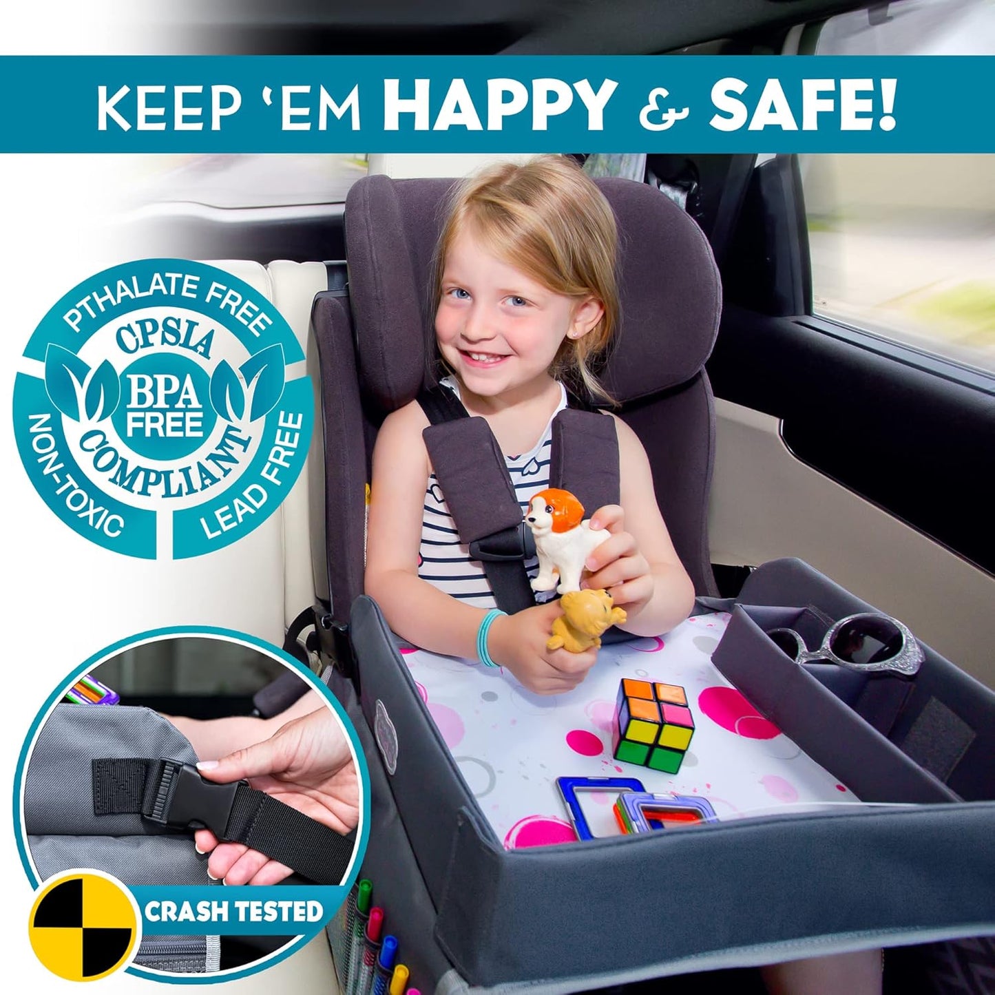 Kenley Kids Travel Tray, Toddler Car Seat Lap Tray, Road Trip Essentials Activity Table (Blue/Gray)
