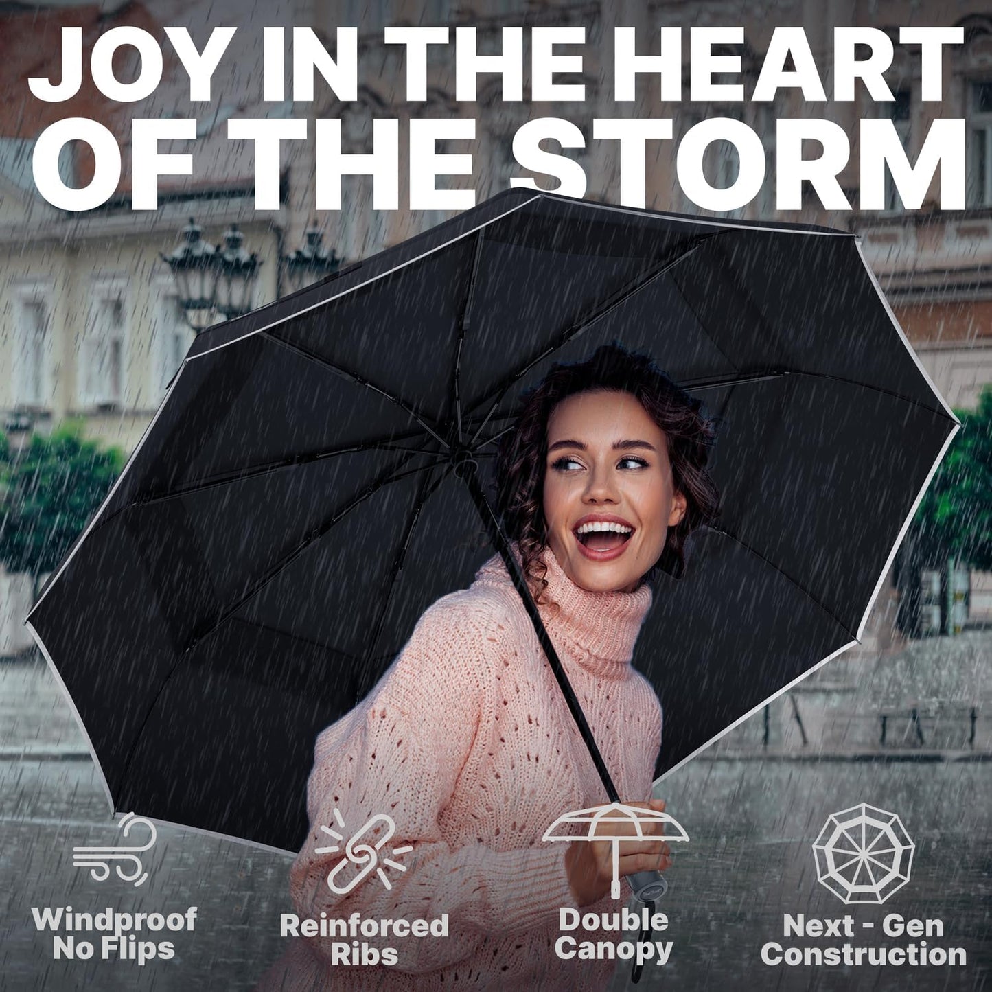 Royal Walk Windproof Folding Travel Umbrella Compact and Strong Luxurious Real Wood Handle Automatic Open Close Vented Double Canopy for Men and Women