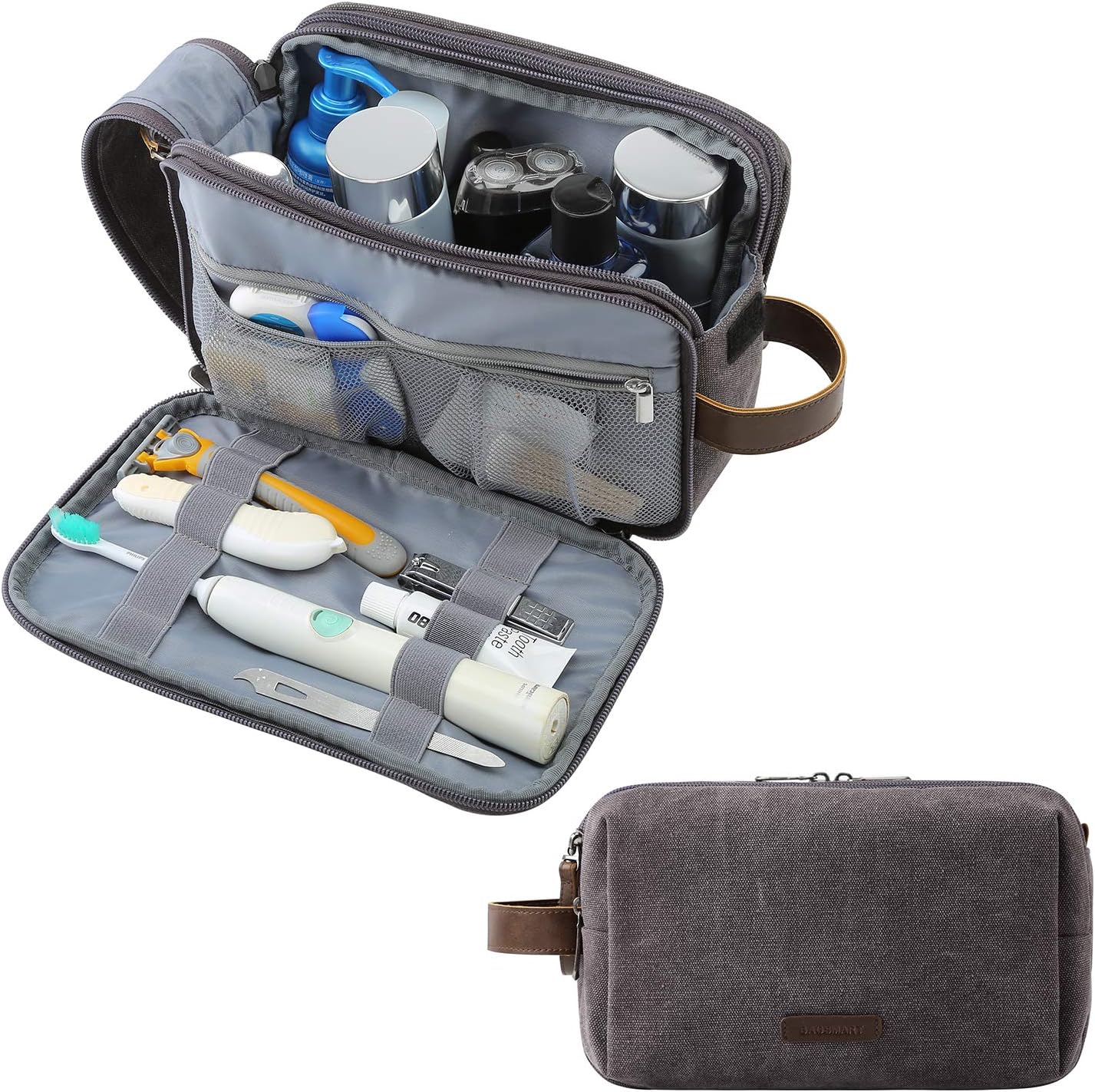 BAGSMART Toiletry Bag for Men, Canvas Travel Toiletry Organizer Dopp Kit Water-resistant Shaving Bag for Toiletries Accessories,Grey-Large