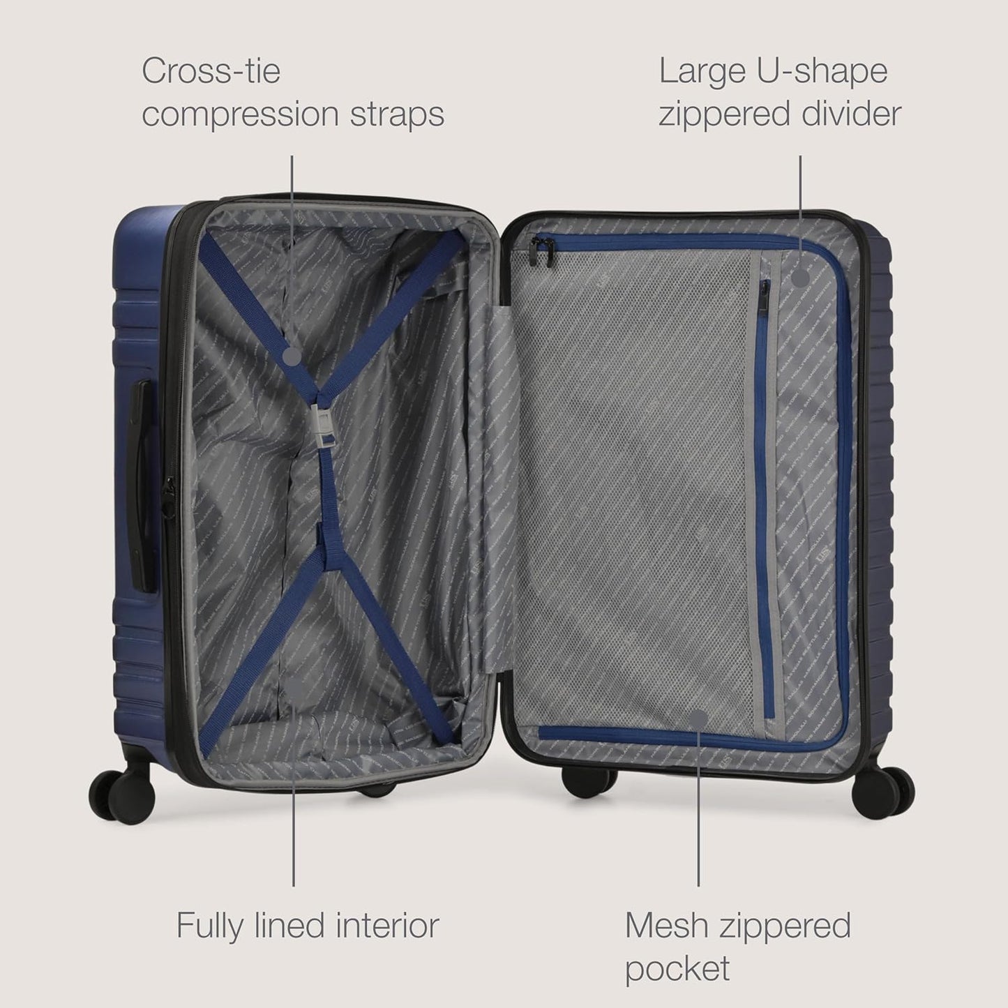 U.S. Traveler Boren Polycarbonate Hardside Rugged Travel Suitcase Luggage with 8 Spinner Wheels, Aluminum Handle, Navy, Checked-Large 30-Inch