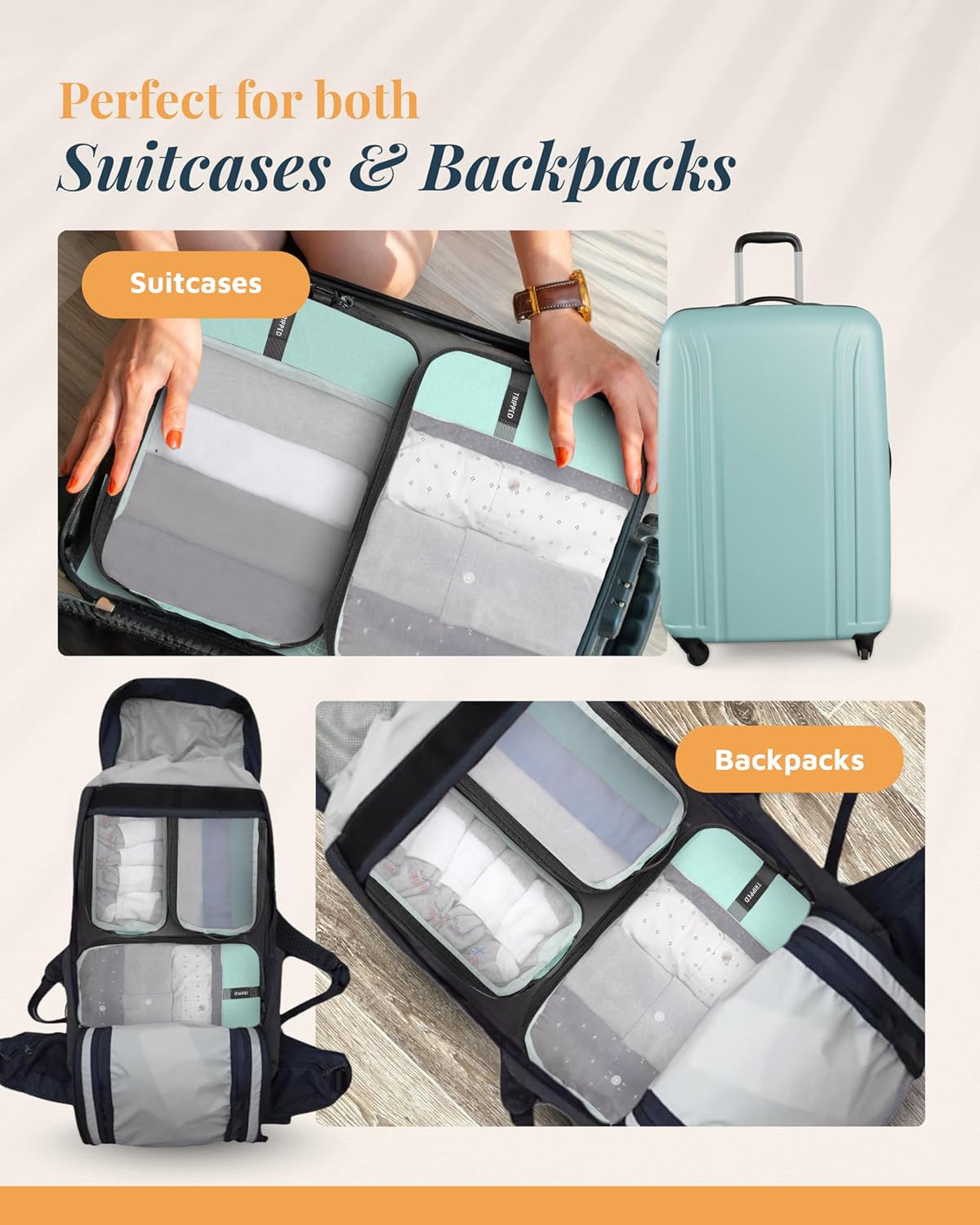 Premium Compression Packing Cubes for Travel, Compression Packaging Cube, Zip Bags Premium 6-Piece Set with laundry bag and shoe bag by TRIPPED Travel Gear (Dusty Teal Mesh)