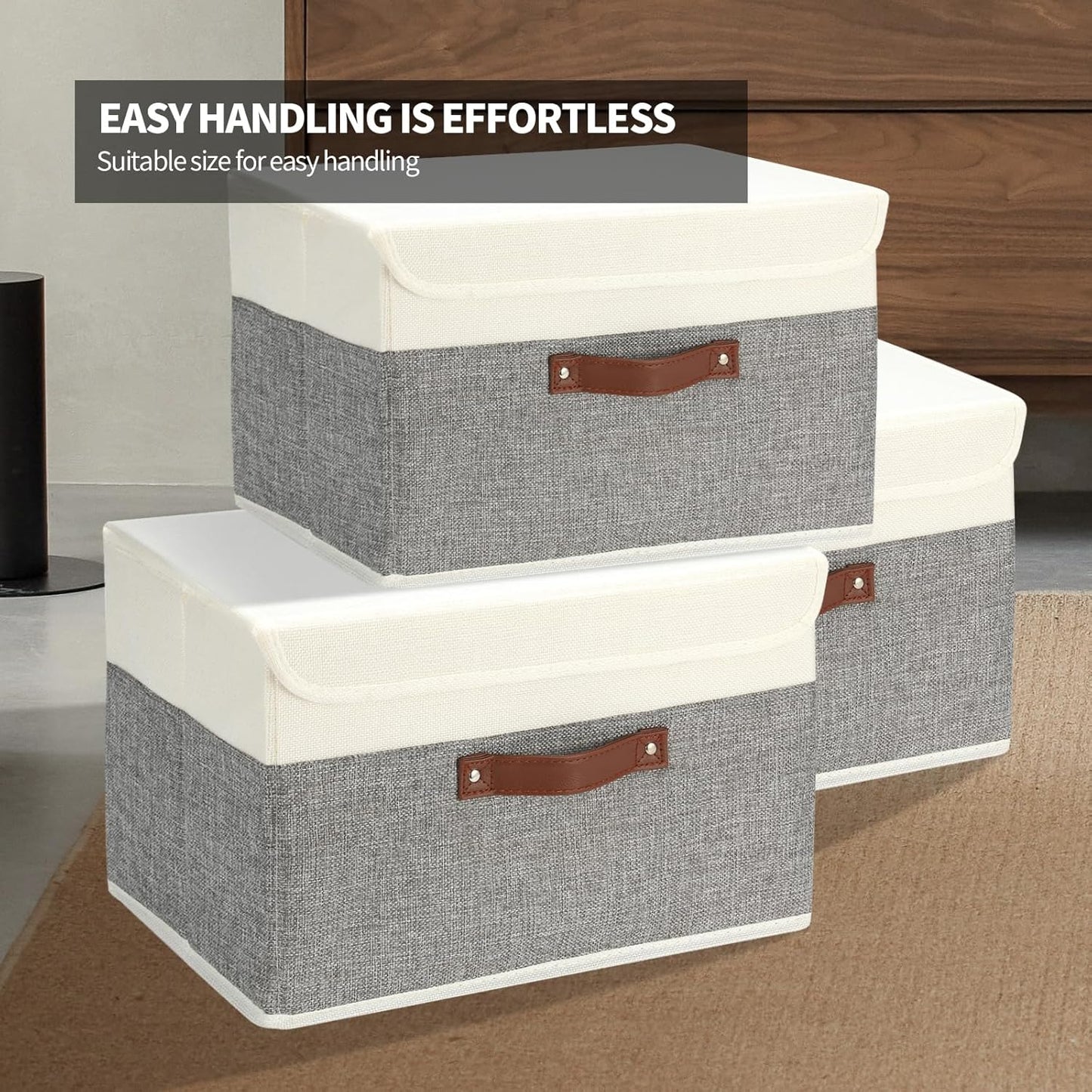 8 Pack Storage Bins Foldable Storage Boxes Fabric Storage Box with Lid & Handle Large Washable Organizer Bulk for Office, Home, Books, Clothes, Bedroom, Closet, (15INx10INx10IN White/Grey)