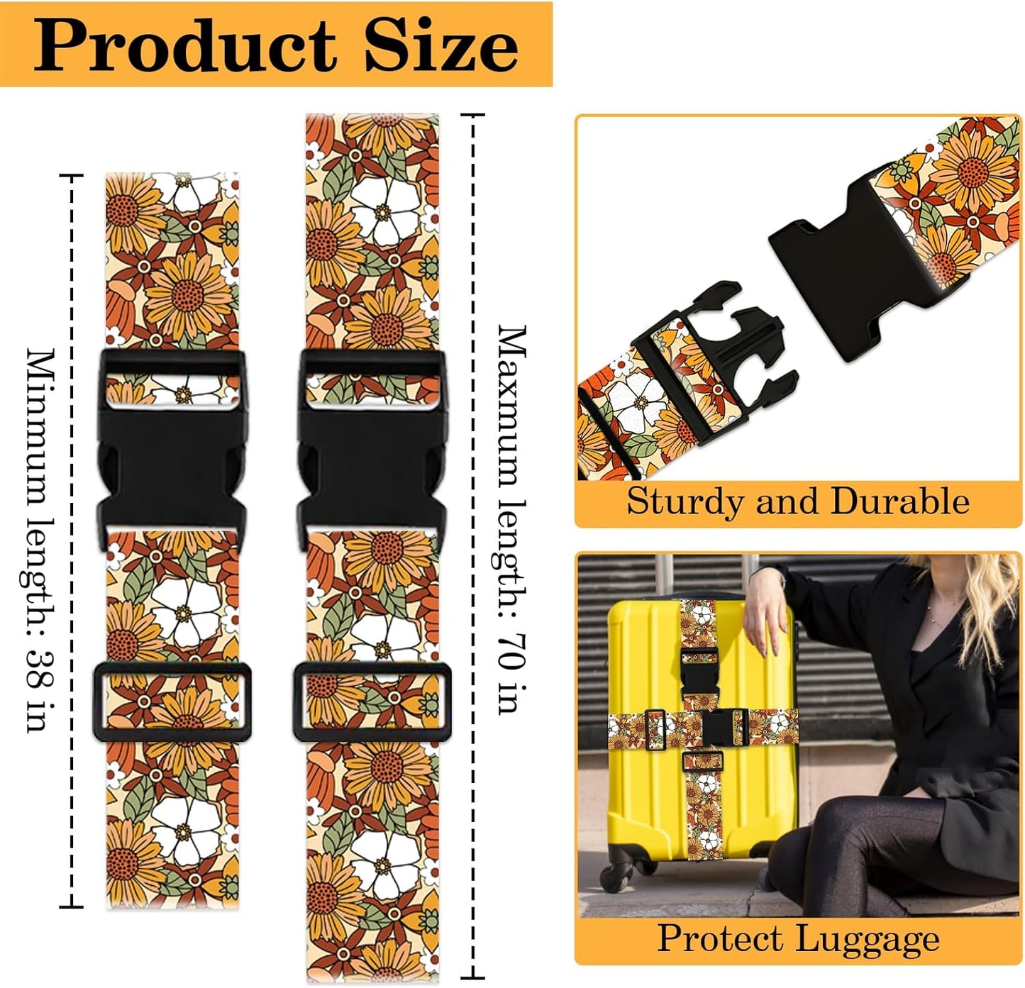 Yellow Daisy Luggage Straps for Suitcases TSA Approved, Luggage Identifiers for Suitcase, Adjustable Suitcase Strap for Baggage Security with Cute Patten, Travel Necessary Accessories (2Pack)