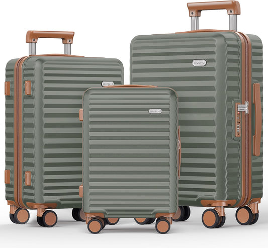 SHOWKOO Luggage Sets 3 Piece Hardside Expandable Suitcase with Double Spinner Wheels Tsa Lock Green (20in/24in/28in)