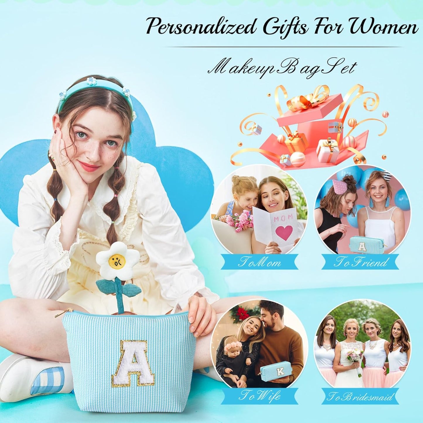 YOOLIFE Birthday Gifts for Women - Birthday Gifts Idea for Her Friends Female Teacher | Personalized Cute Makeup Bag for Women Girlfriend | Cosmetic 2 Pieces Toiletry Makeup Pouch Mothers Day Gifts L