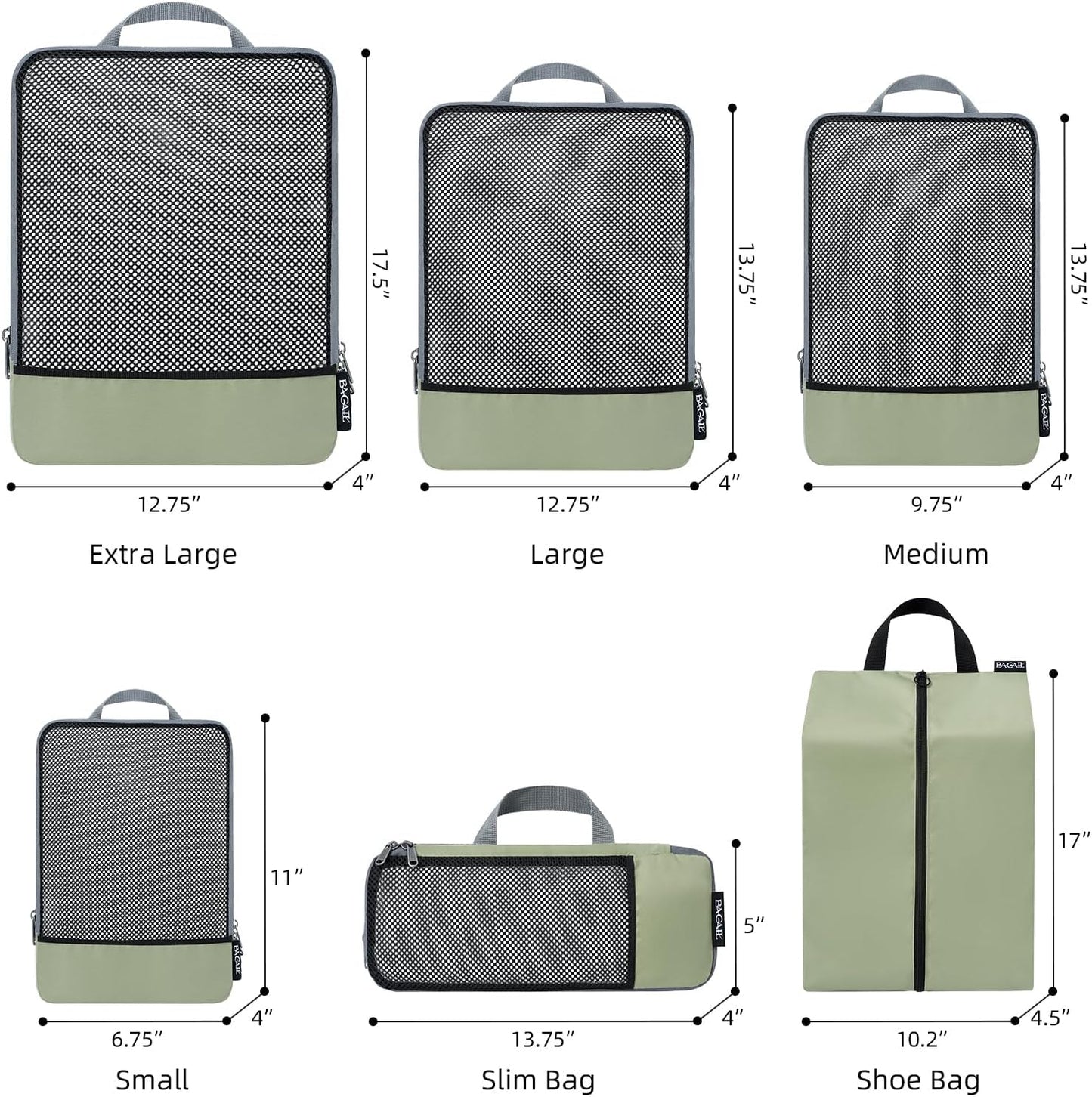 BAGAIL 4 Set/6 Set/8 Set Compression Packing Cubes Travel Accessories Expandable Packing Organizers (Half Mesh, 6-Matcha Green)