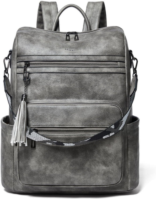 Shrrie 15.6 inch Laptop Backpack for Women,Large Leather Purse,Travel Backpacks Carry on,Water Resistant Casual Laptop Backpacks,College Backpack,Work Backpack for Women,Two-toned Deep Gray