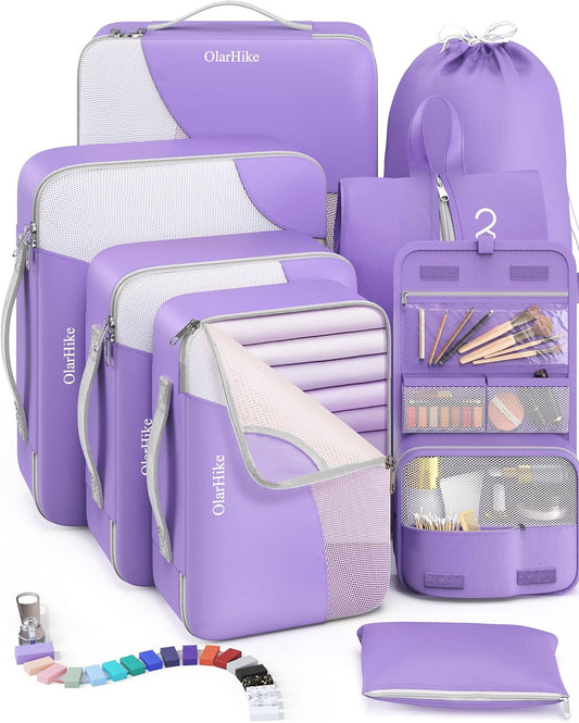 OlarHike 8 Set Packing Cubes for Travel, Sturdy Suitcase Organizer in 4 Sizes (Extra Large, Large, Medium, Small), Luggage Cubes with Toiletry Bag, Essentials Cruise Ship Gifts for Women (Purple)