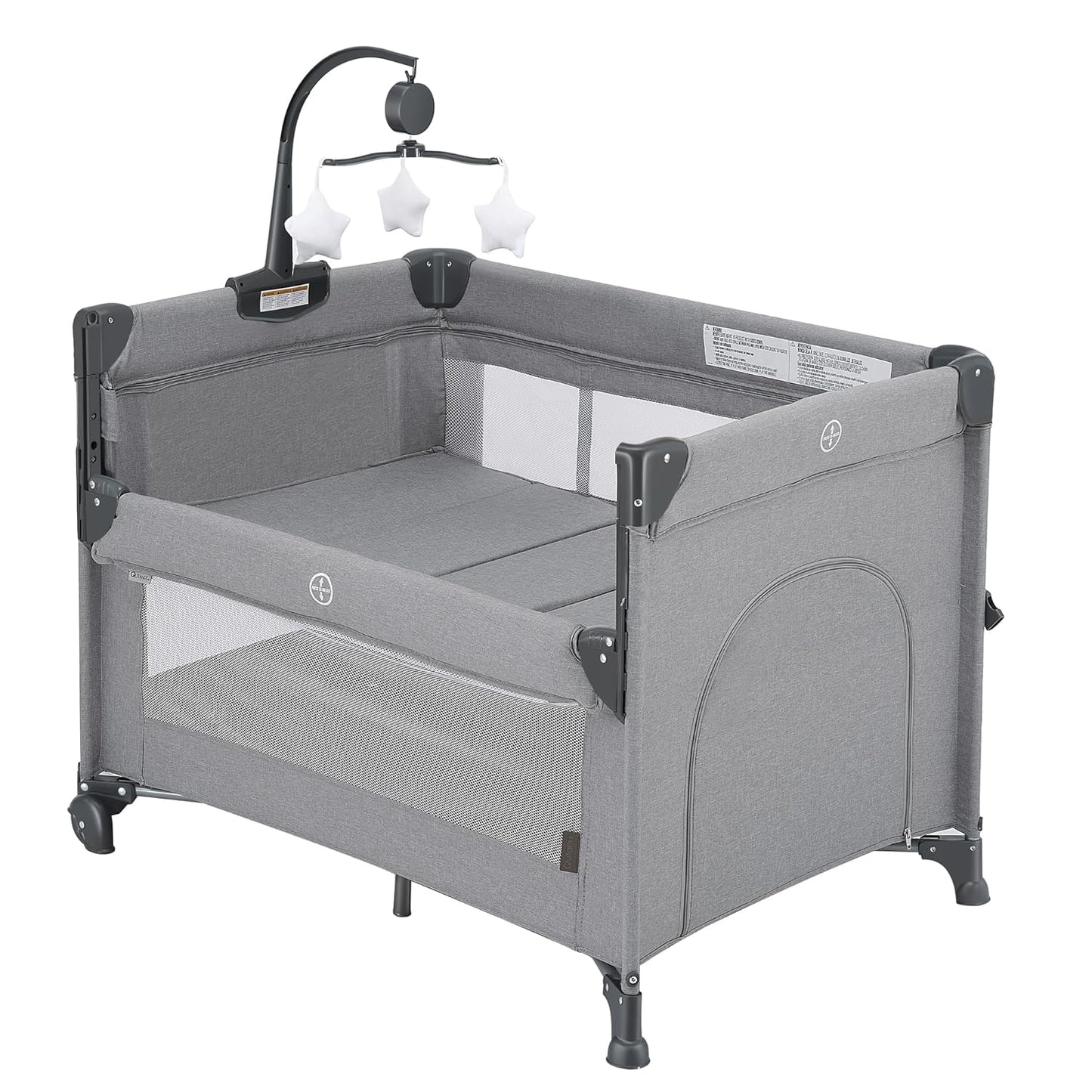 2-in-1 Baby Playard, Pack and Play Bassinet, Easy Folding Portable Crib with Music Mobile for Newborn to Toddlers (Grey)