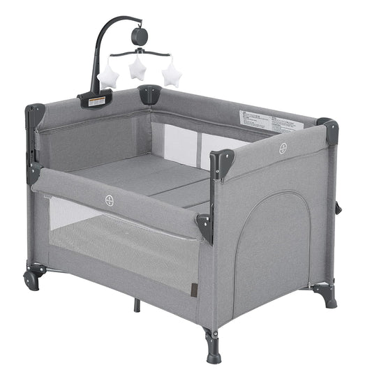 2-in-1 Baby Playard, Pack and Play Bassinet, Easy Folding Portable Crib with Music Mobile for Newborn to Toddlers (Grey)