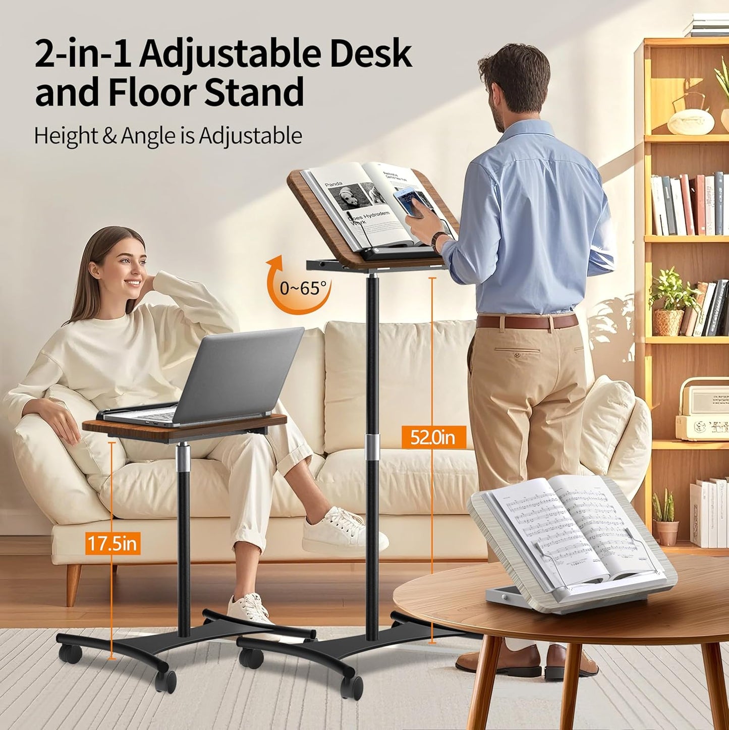 NAMON Laptop Floor Stand with Wheels - 2 in 1 Dual-use Floor & Desk, Adjustable Height from 16.5" to 51", Stable Standing for Projector, Ipad (Walnut Effect)