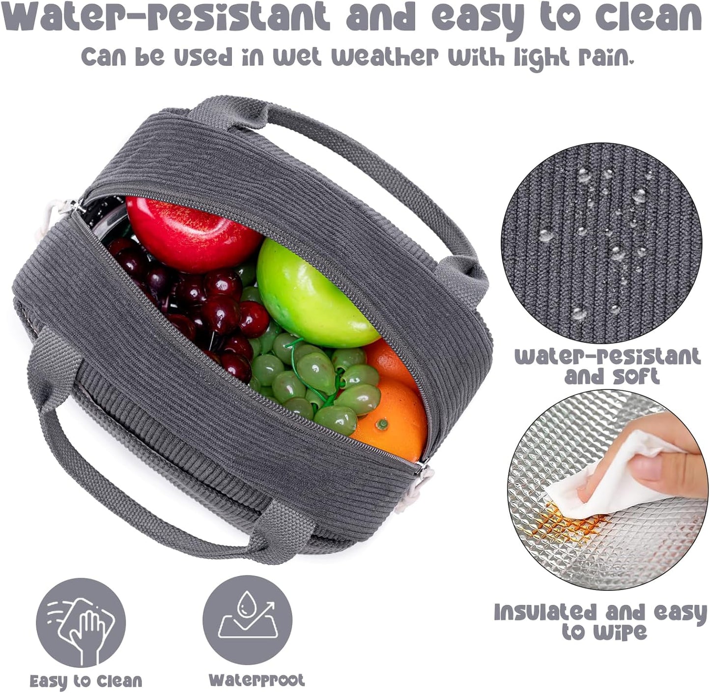 Bluboon Lunch Bag for Women Men Cute Corduroy Lunch Tote Bags Reusable Insulated Lunch Box Large Capacity Reusable Insulated Cooler for Work Picnic or Travel