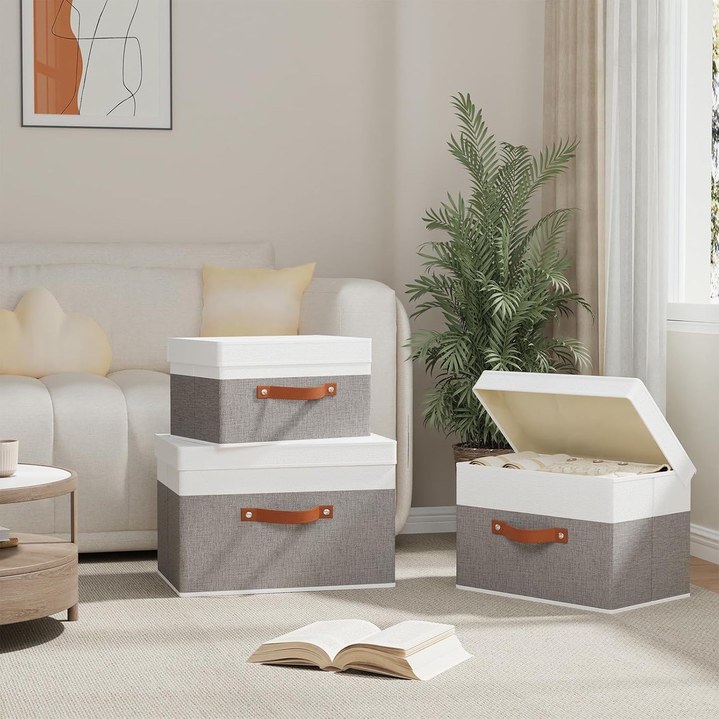Fabric Storage Boxes with Lids, Linen Foldable Cloth Baskets, 17.7 x 11.8 x 11.8 Inch Closet Organizer Containers with Double Handles, Sweater Bins for Bedroom, White and Grey, 3 Pack