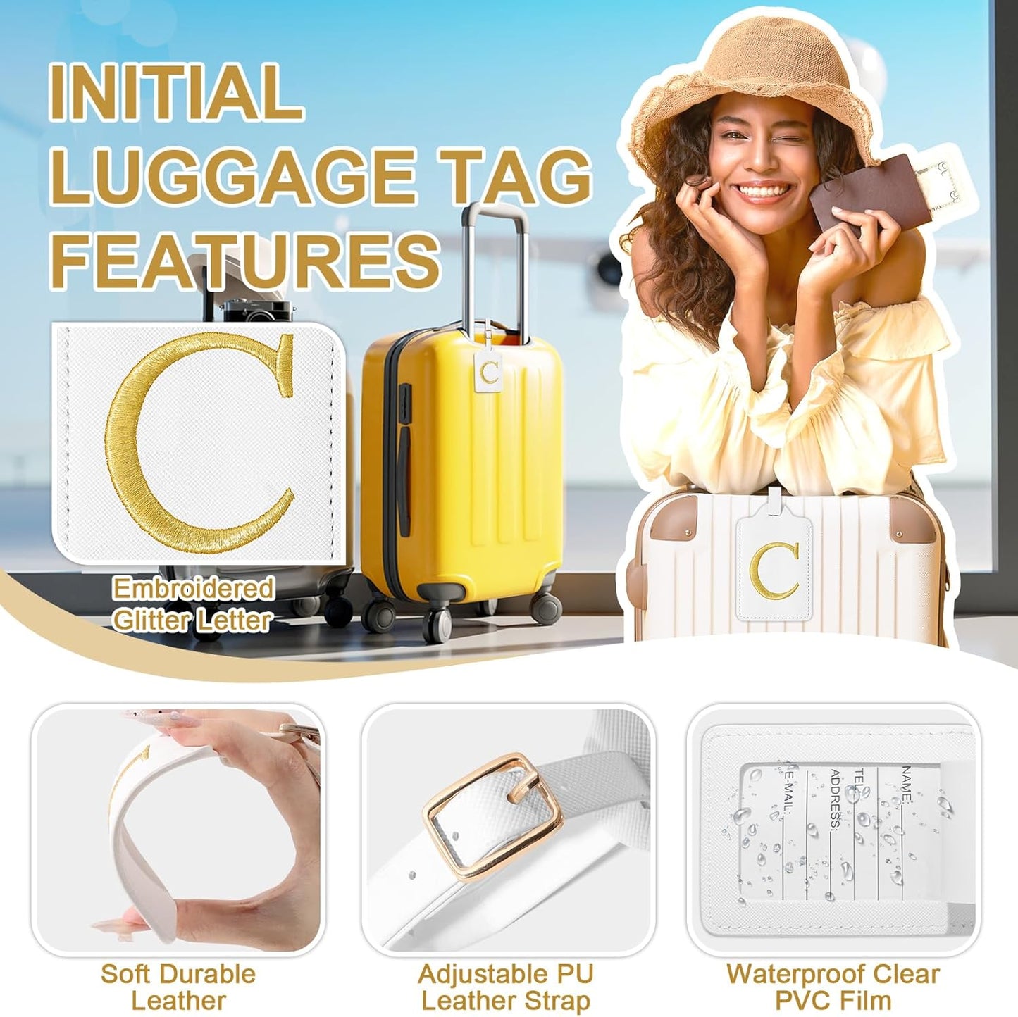 Personalized Initial Luggage Tags for Suitcase TSA Approved, White Leather Cute Luggage Tag with Privacy Cover Name Card, Embroidered Custom Luggage Tags Travel Baggage Tags Gifts for Women Kids(C)