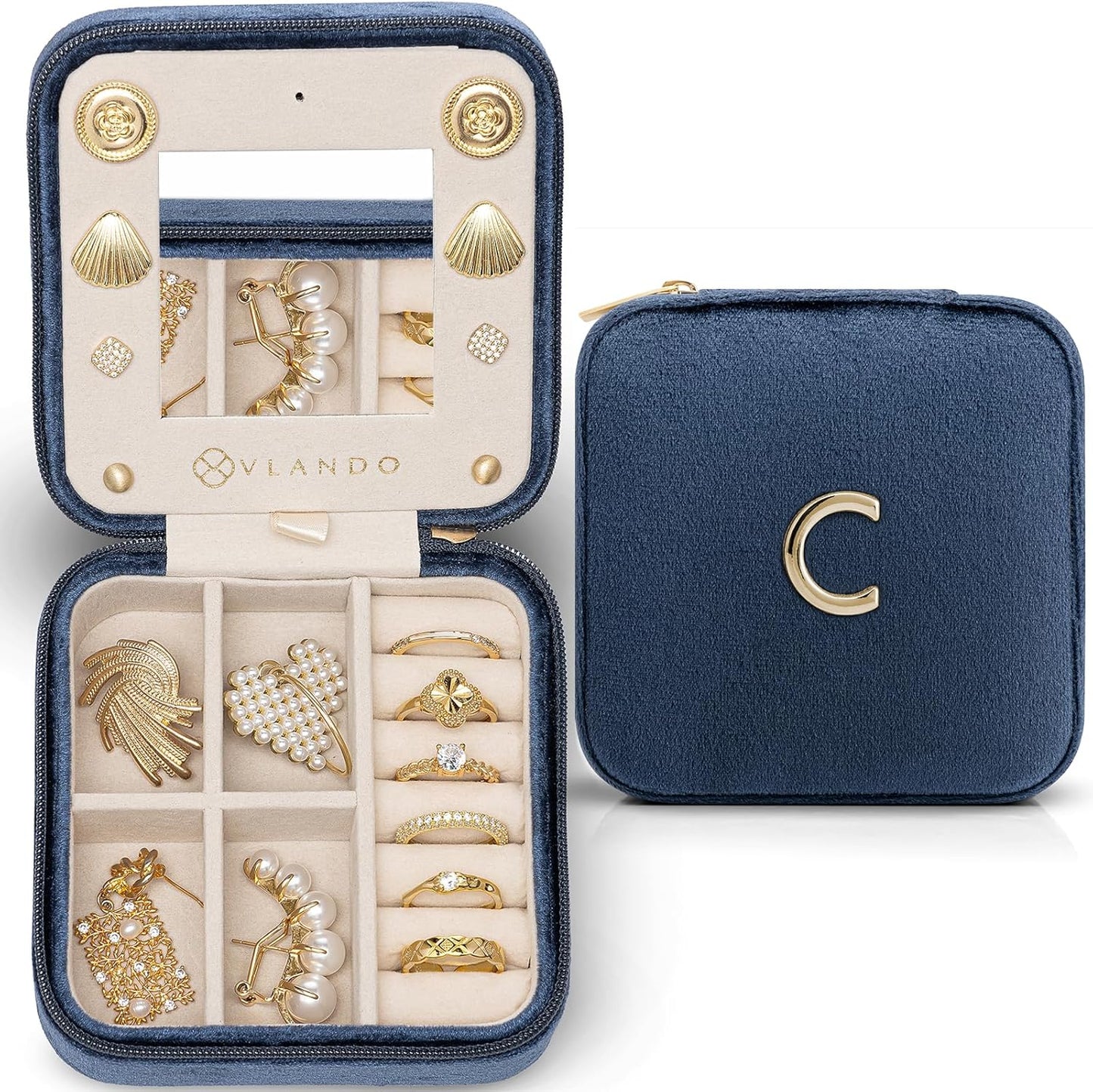 Vlando Travel Essentials for Women Jewelry Box, Travel Accessories for Teen Girl Trendy Stuff, Necklace Earrings Ring Organizer, Travel Must Have - Letter C, Dark Blue
