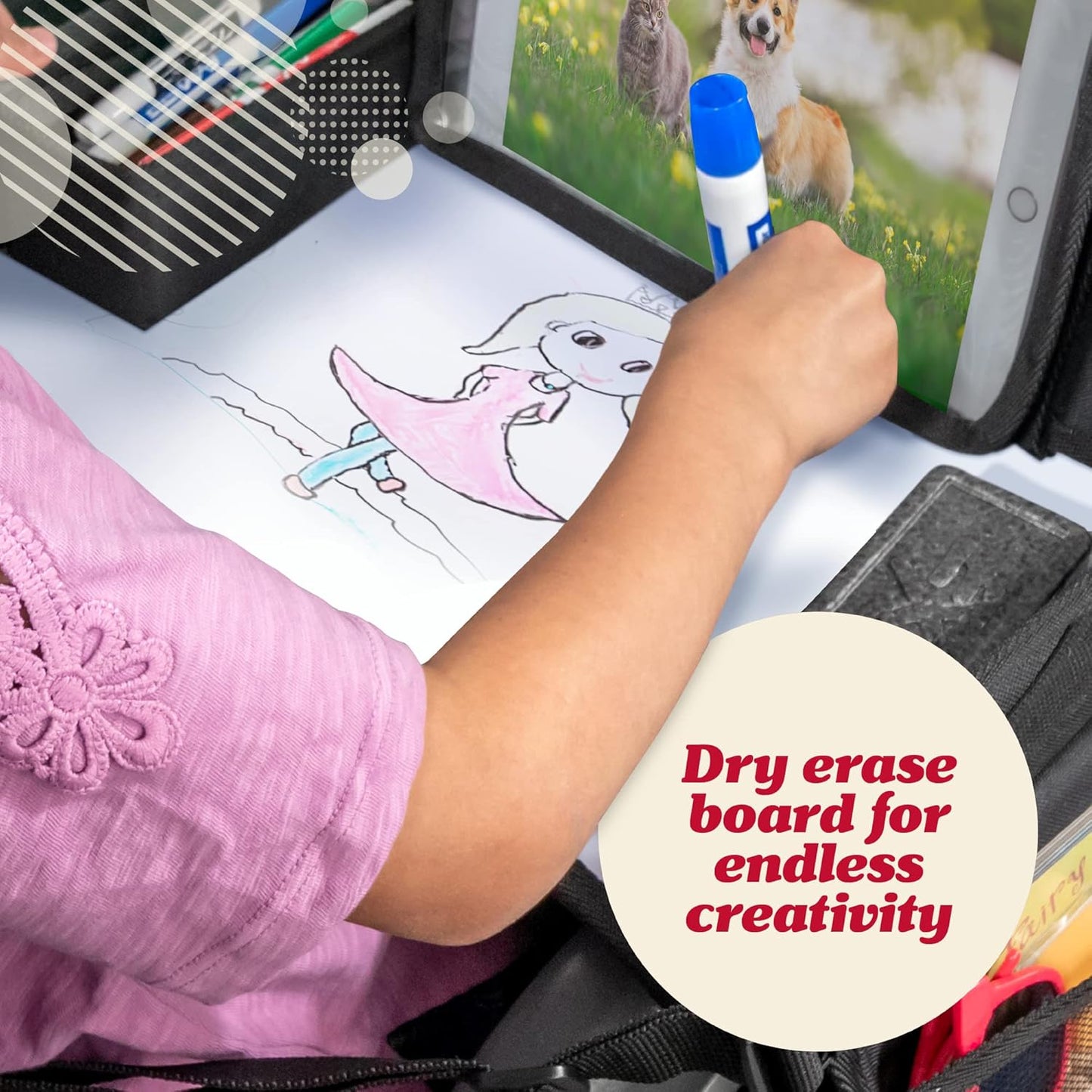 Lusso Gear Kids Travel Desk for Car Seats & Airplane - Car Seat Activity Tray with Dry Erase Top, Tablet Holder, Mesh Pockets & Cup Holder - Lap Desk for Toddlers on Road Trips (Planets)