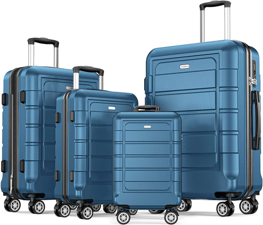 SHOWKOO Luggage Sets Expandable PC+ABS Durable Suitcase Sets Double Wheels TSA Lock 4 Piece Luggage Set Navy