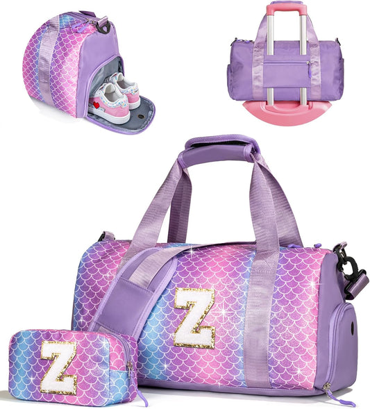 Birthday Gift for Granddaughter-Girl Gym Bag with Shoe Compartment, Kid Personalized Weekender Overnight Bags, Initial Travel Tote with Makeup Pouch, Christmas Gifts for Girls (Letter Z)
