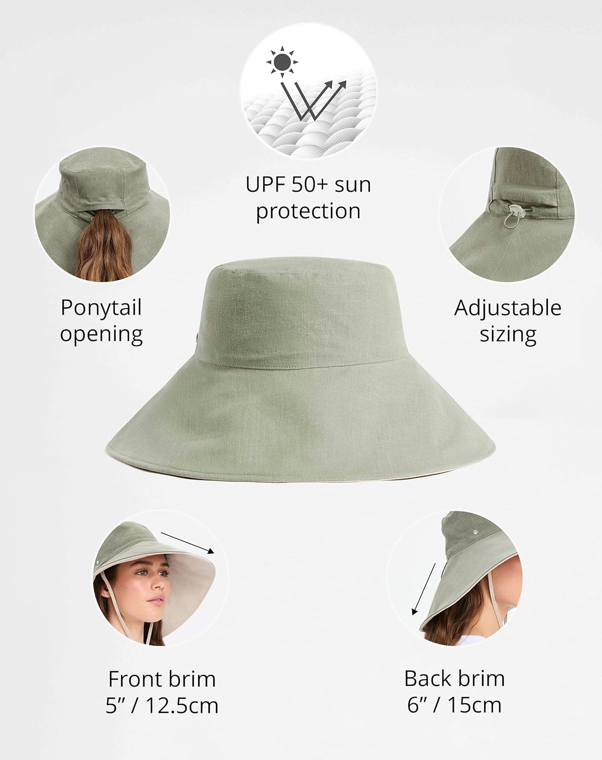 Solbari Women’s Ultra-Wide Cotton Linen Sun Hat UPF 50+, Packable, Adjustable with Ponytail Hole for Travel, Beach & Outdoors