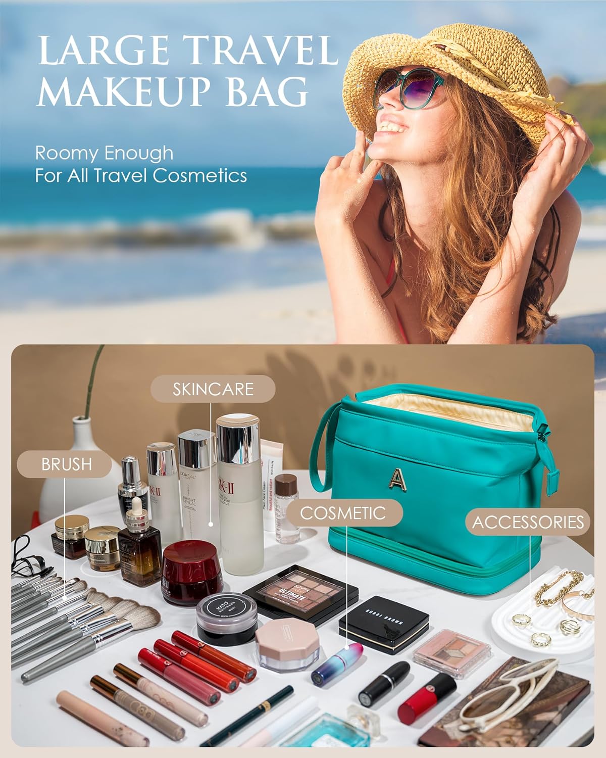 College Girl Gift Ideas, Birthday Gift for Her, Makeup Bag, Waterproof Double Layer Cosmetic Bag, Large Capacity PU Leather Makeup Bags Letter Travel Toiletry Bag, Initial Gifts for Coworkers