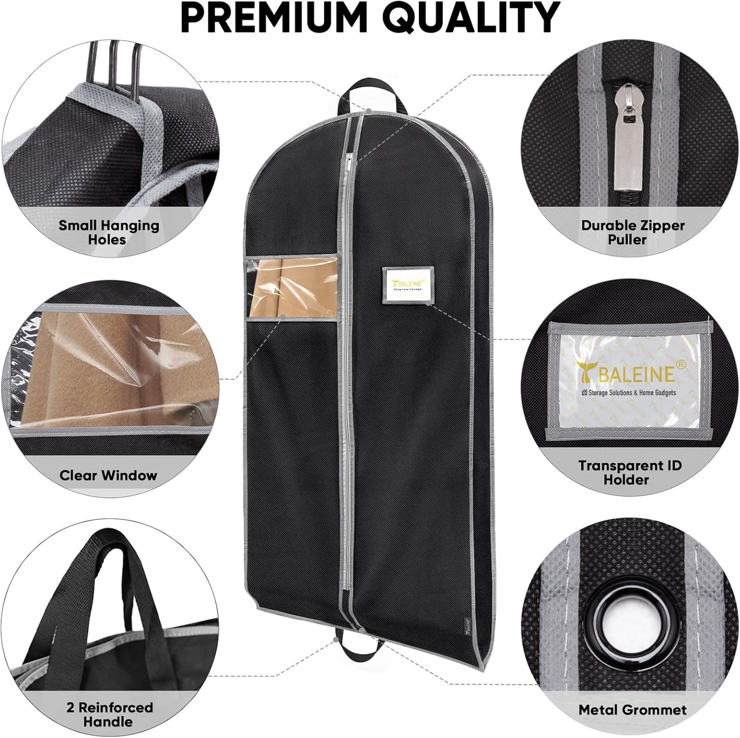 BALEINE 2PK Heavy Duty Garment Bag with Shoe Storage Travel Bag for Dresses, Suit, Coats Travel Essential (43", Black)