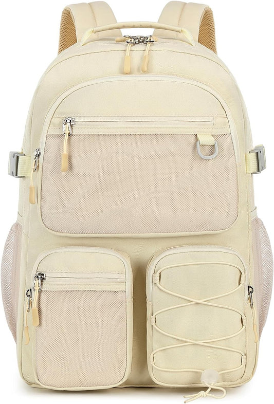 Lohol Water Resistant Backpack with Mulitiple Pockets for Travel Outdoor College, 15.6 inch Laptop Bookbag for Girl and Women (Beige)
