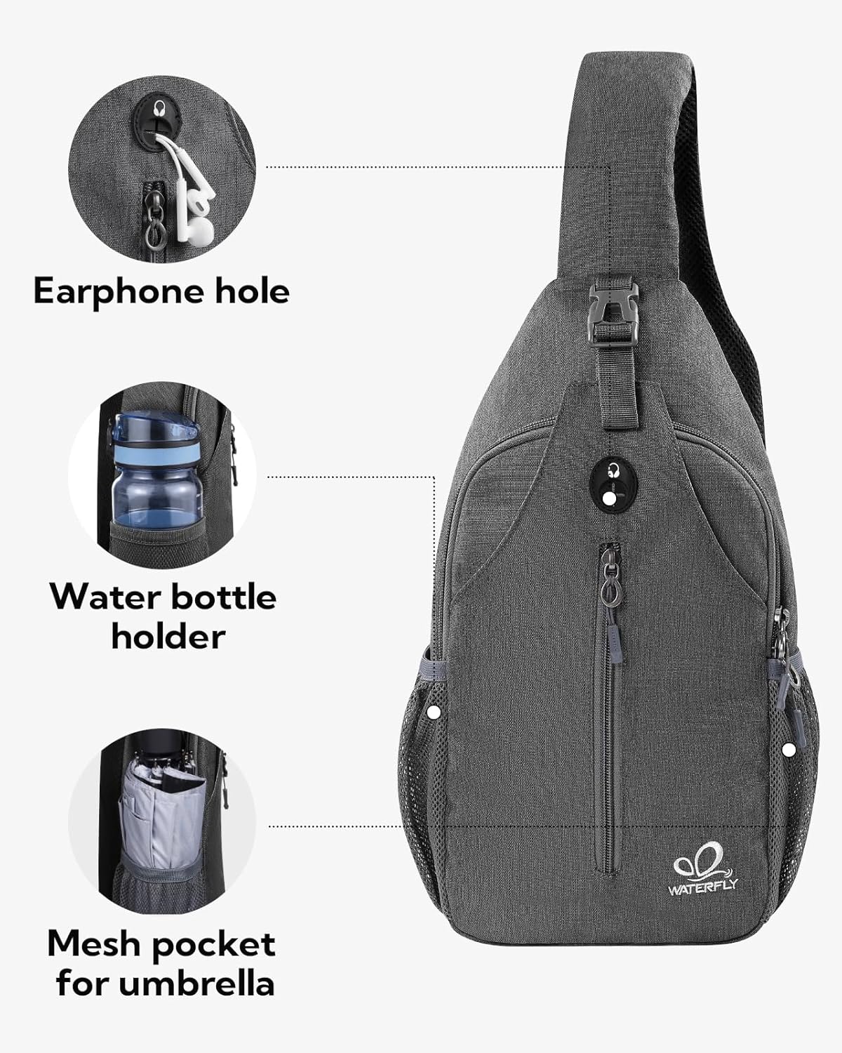WATERFLY Crossbody Sling Backpack Sling Bag Travel Hiking Chest Bag Daypack
