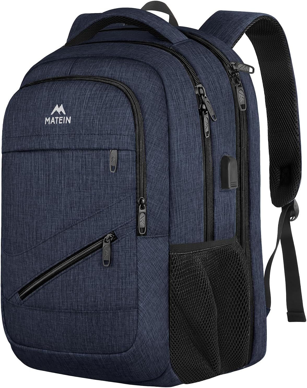 MATEIN 17 Inch Laptop Backpack, Large College Backpack Carry On TSA Approved with Trolley Sleeve, Computer Work Bag with USB Charging Port, Water Resistant Travel Daypack for Men, Dark Blue