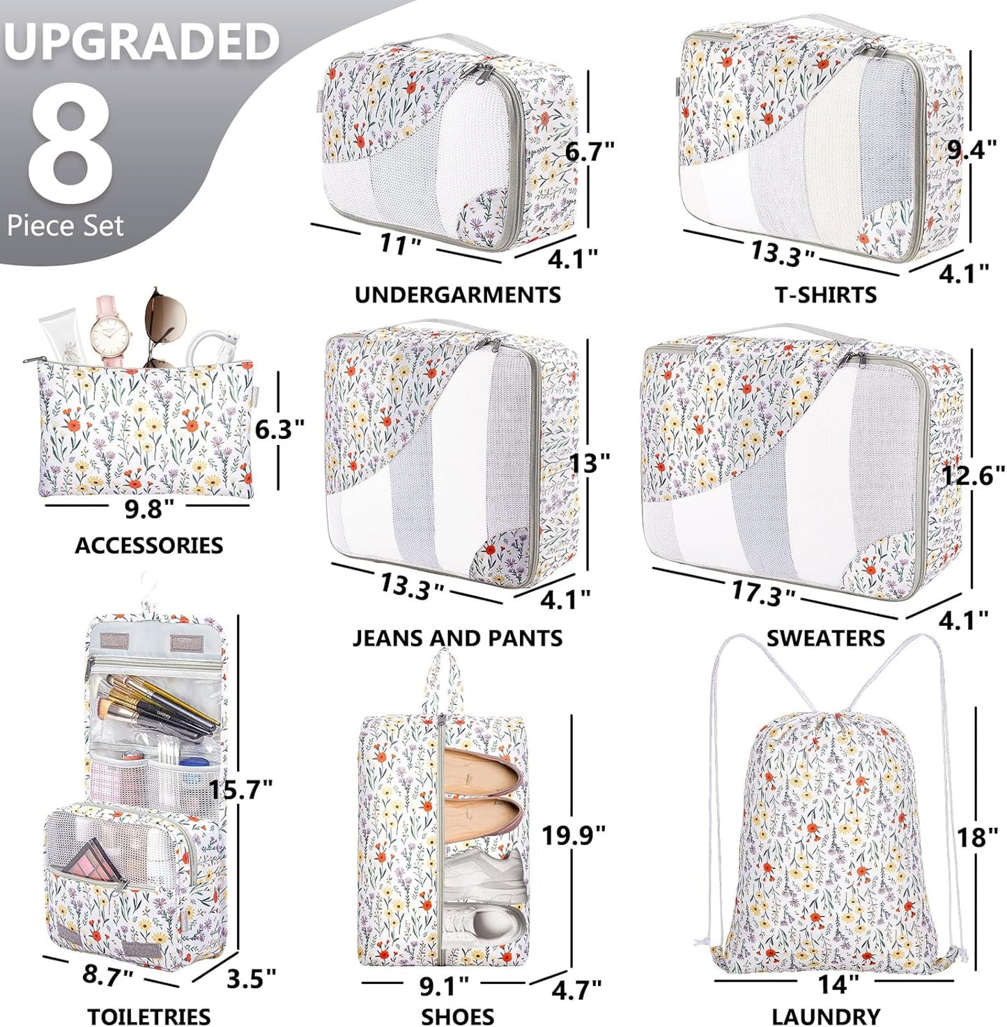 OlarHike 8 Set Packing Cubes for Travel, Sturdy Suitcase Organizer in 4 Sizes (Extra Large, Large, Medium, Small), OlarHike Luggage Cubes with Toiletry Bag, Essentials for Cruise Ship Gifts for Women