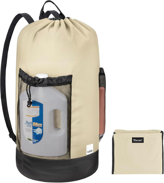 BALEINE 150L Laundry Bag Backpack, 900D Oxford Fabric Large Travel Laundry Bags with Shoulder Straps and 2 Mesh Pockets for College Dorm, Apartment, Laundromat (Beige, 150L)